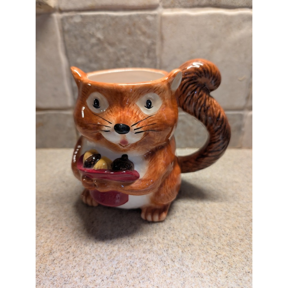 Pier1 Hand Painted Dolmite 3D Stein Mug Cup Squirrel w Acorns